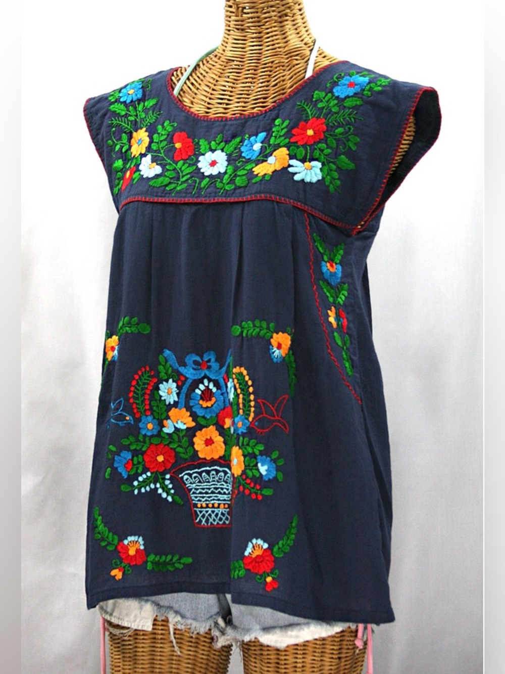 NEW SIREN La Boqueria Navy Blue Mexican Embroidered Floral Top Peasant Blouse M